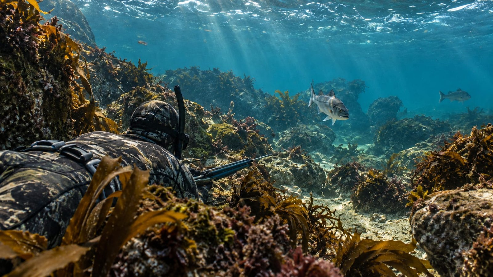 Pescador submarino realizando la técnica de la espera entre algas kelp mientras una lubina se aproxima en aguas del Atlántico
