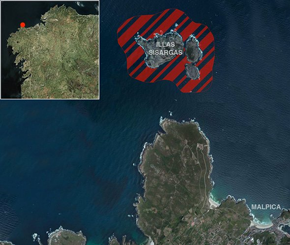 Mapa oficial zona prohibida de pesca submarina: Íllas Sisargas (Malpica)