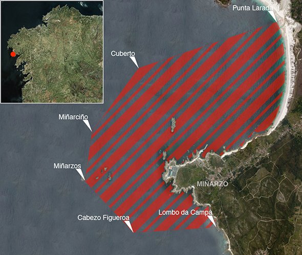 Mapa oficial zona prohibida de pesca submarina: Reserva Marina de Os Miñarzos (Lira)