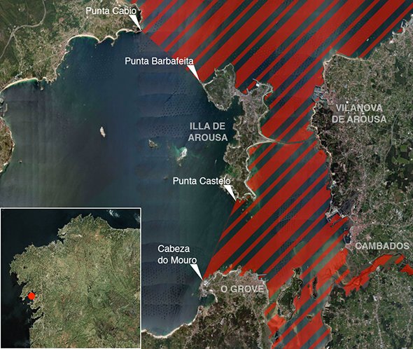 Mapa oficial zona prohibida de pesca submarina: Ría de Arousa
