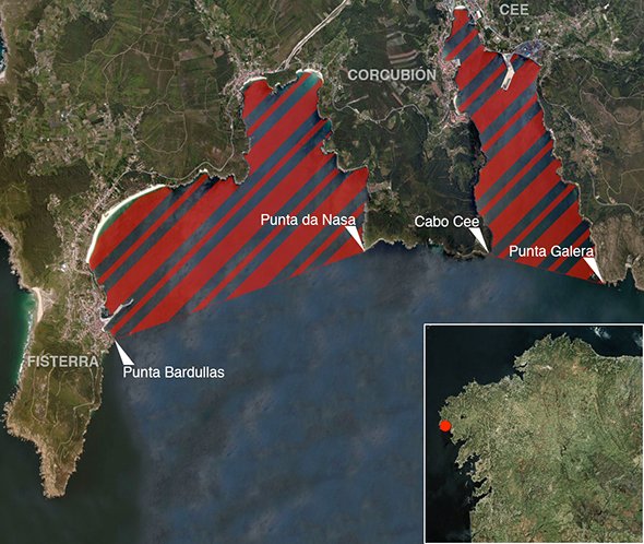 Mapa oficial zona prohibida de pesca submarina: Ría de Corcubión (Fisterra - Cee)