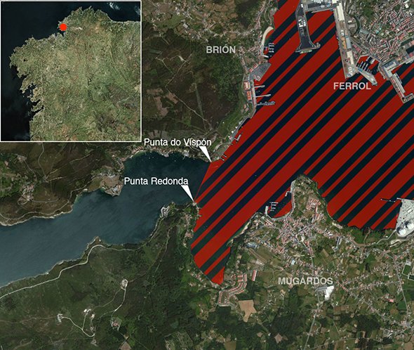 Mapa oficial zona prohibida de pesca submarina: Ría de Ferrol