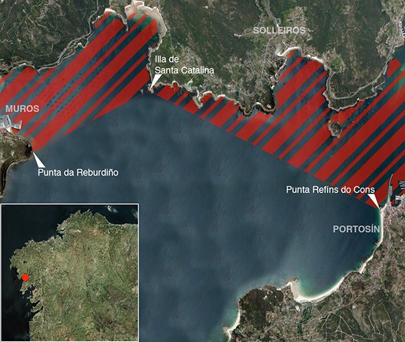 Mapa oficial zona prohibida de pesca submarina: Ría de Muros y Noia