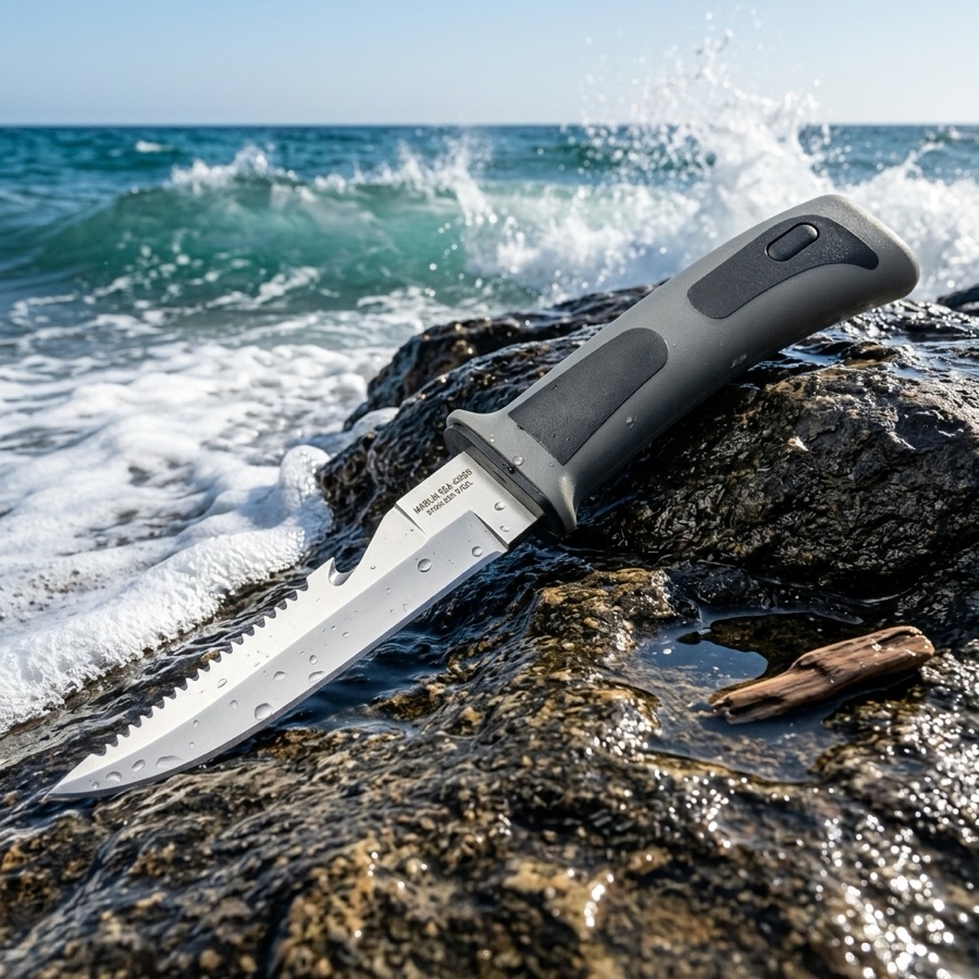 Cuchillo Marlin SEA 420SS hoja combinada con funda y correas