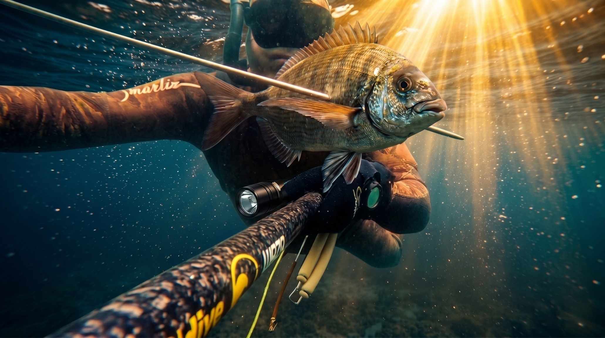 Pescador submarino con neopreno y fusil en el Atlántico