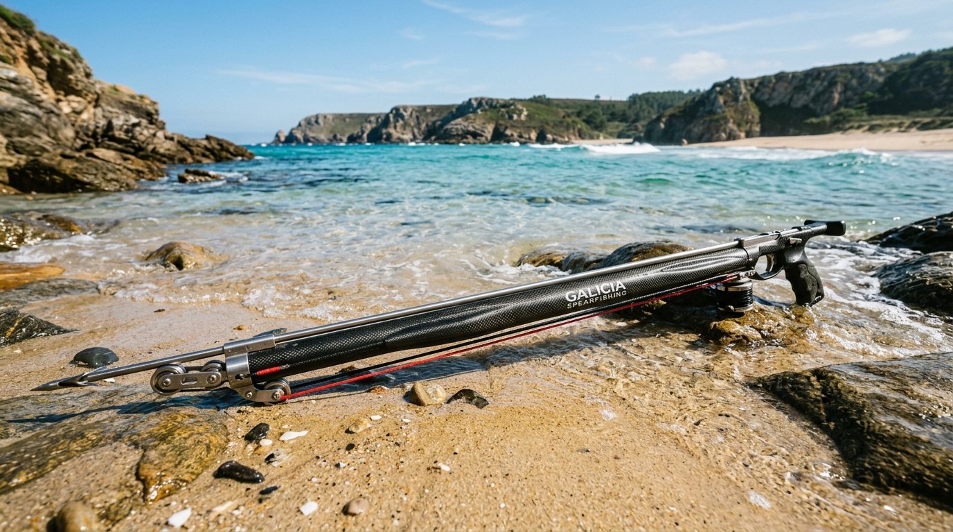 Vista panorámica del fusil Inverter sobre la arena en una cala marina con aguas cristalinas